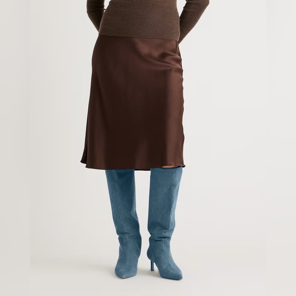 Quince: 100% Washable Silk Chocolate Brown Midi Skirt - Picture 5 of 6